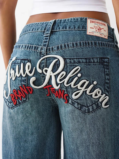 Embroidery Blue Wash Straight Jeans