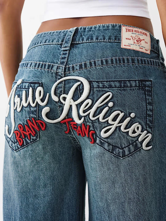 Embroidery Blue Wash Straight Jeans
