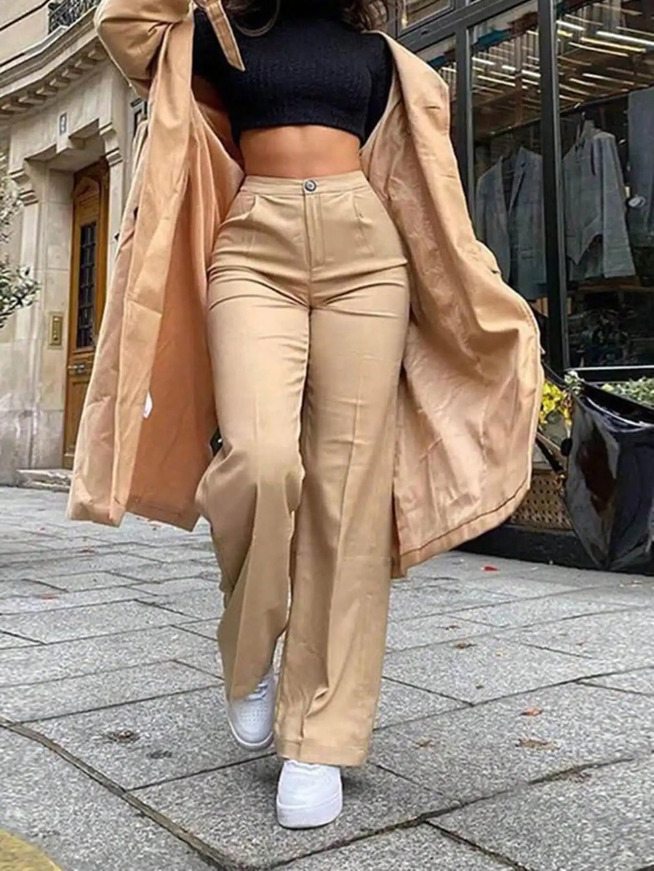 High Waist Suit Pants Wide Leg Beige