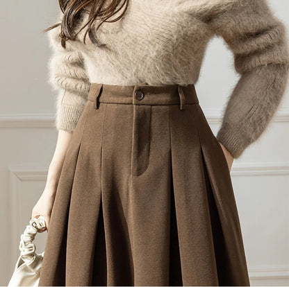 Faux Woolen Midi Skirt A-Line High Waist