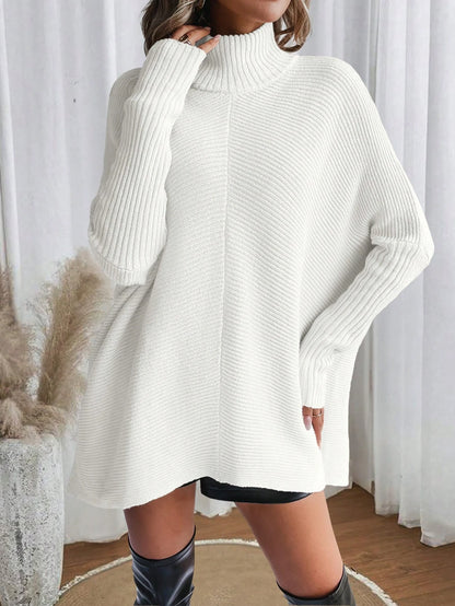Woman Sweater Irregular Hem Turtleneck Pullover Top