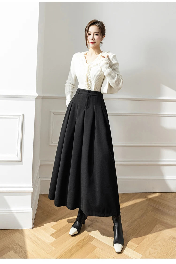 Faux Woolen Midi Skirt A-Line High Waist