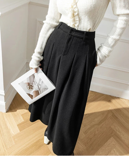 Faux Woolen Midi Skirt A-Line High Waist