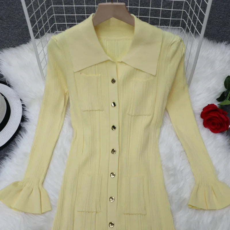 Winter Knitted Dress Long Sleeve Ruffles