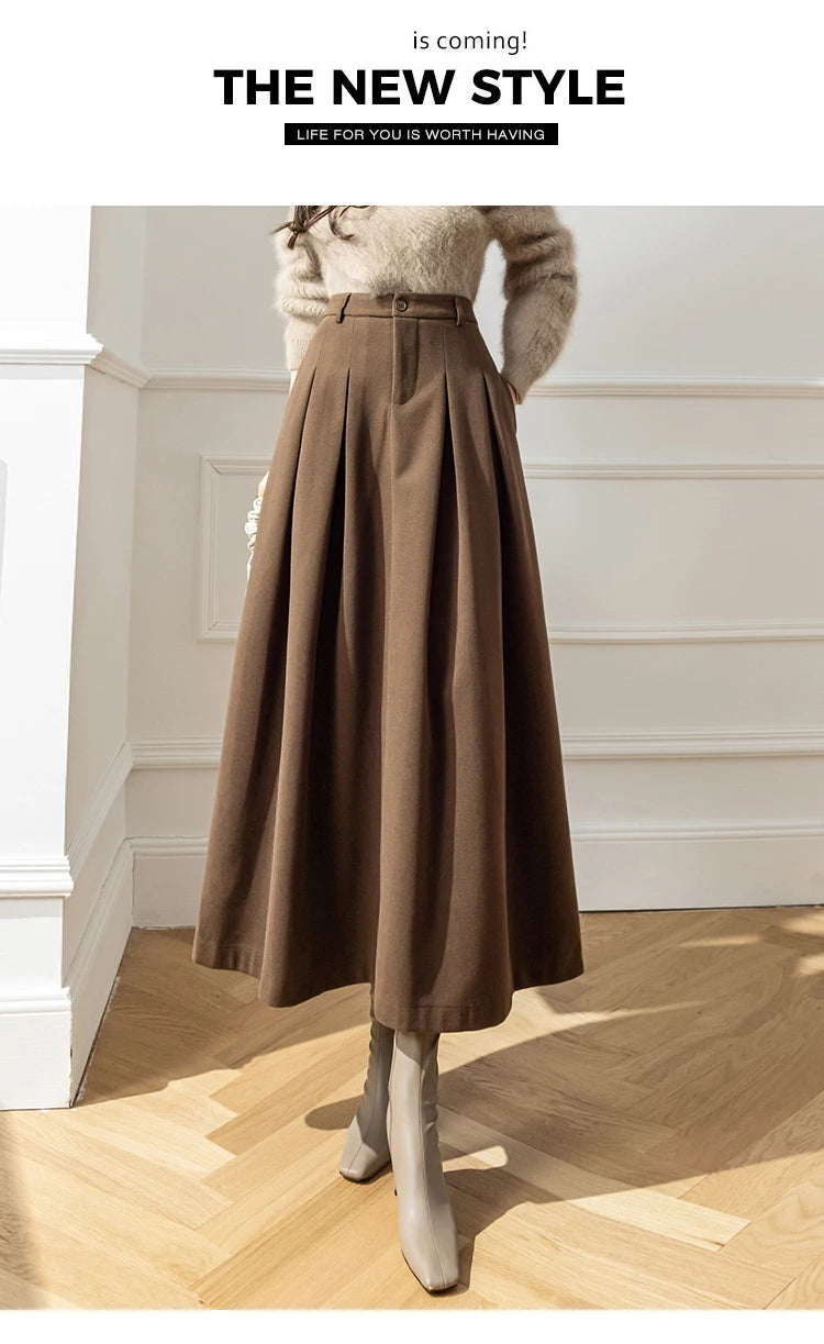 Faux Woolen Midi Skirt A-Line High Waist