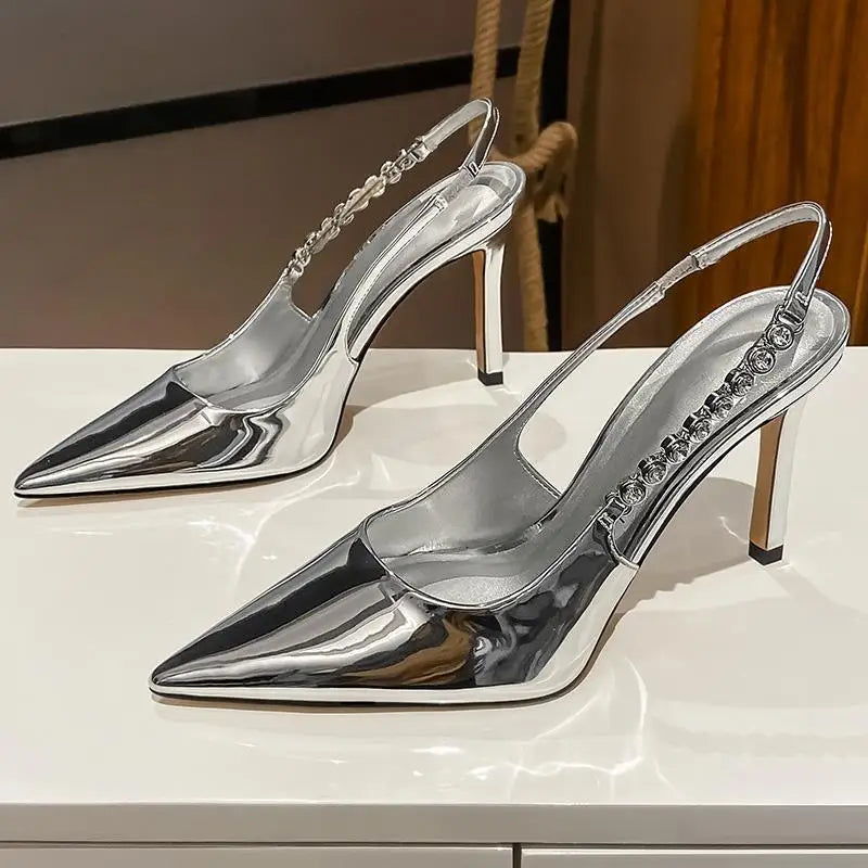 High Heels Slingback Silver Party Dress Shoes