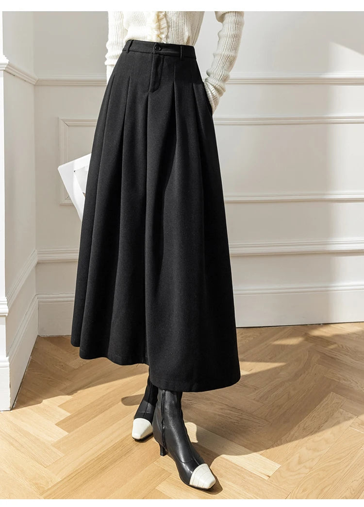 Faux Woolen Midi Skirt A-Line High Waist