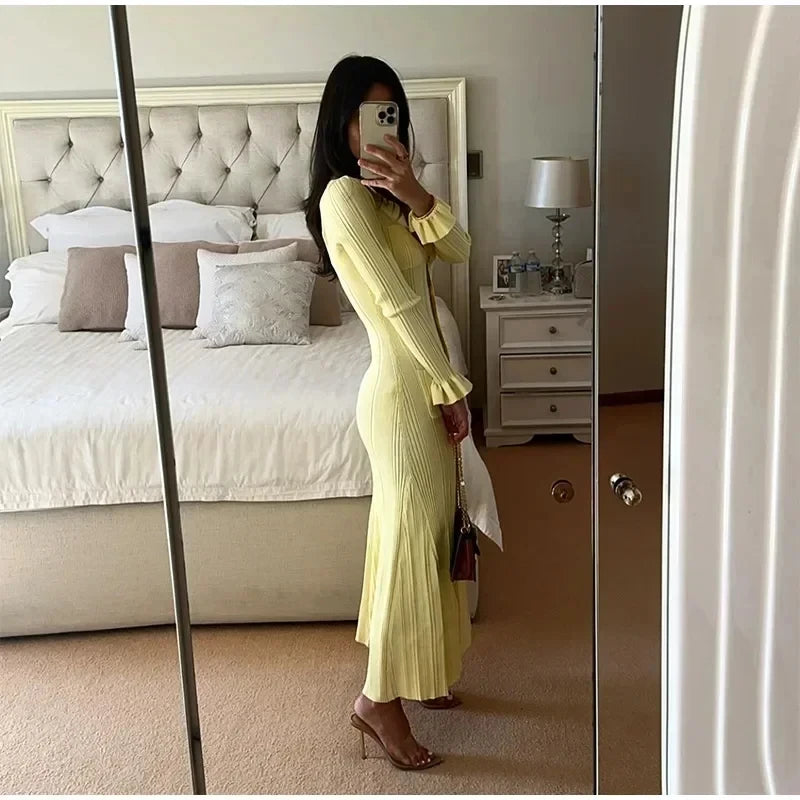 Winter Knitted Dress Long Sleeve Ruffles