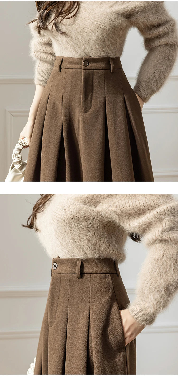 Faux Woolen Midi Skirt A-Line High Waist