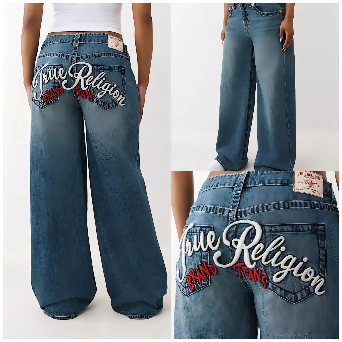 Embroidery Blue Wash Straight Jeans