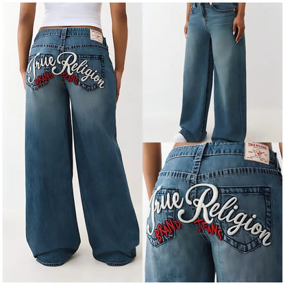 Embroidery Blue Wash Straight Jeans