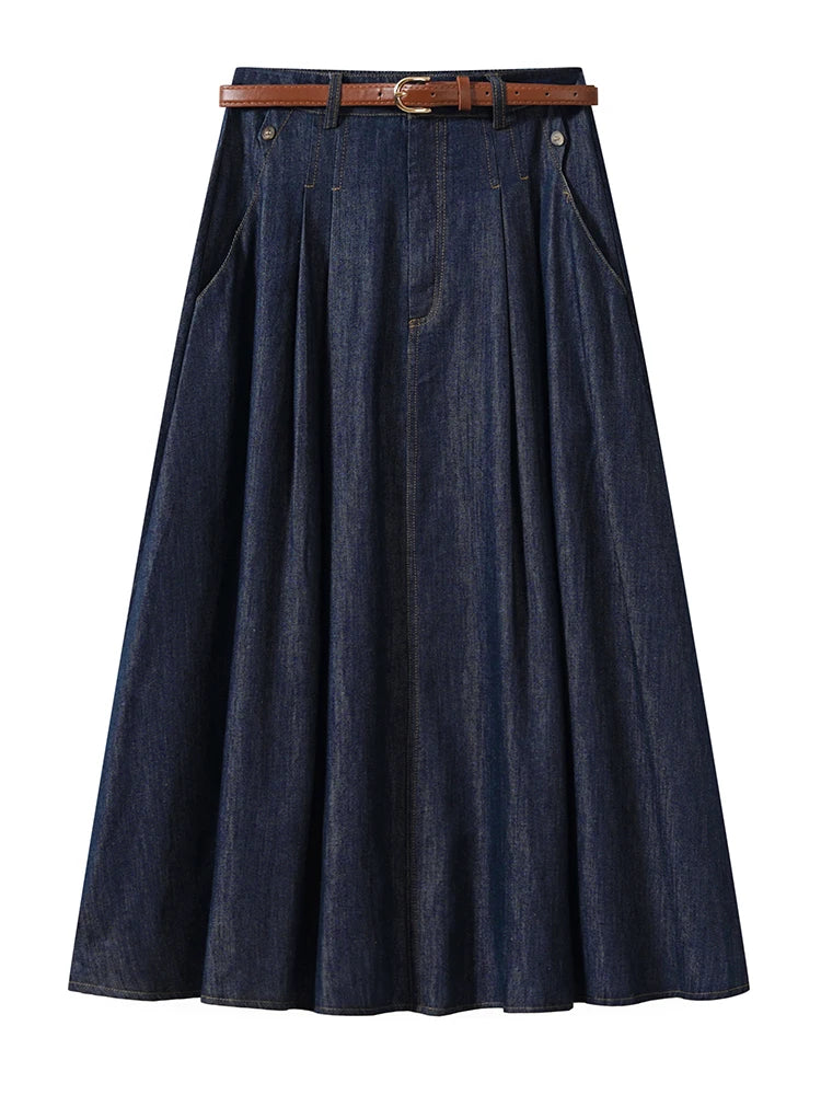 Denim Midi Skirts High Waist A-Line Pleated
