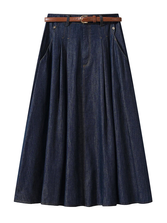 Denim Midi Skirts High Waist A-Line Pleated