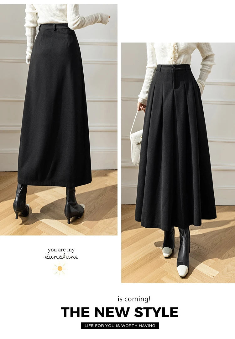 Faux Woolen Midi Skirt A-Line High Waist