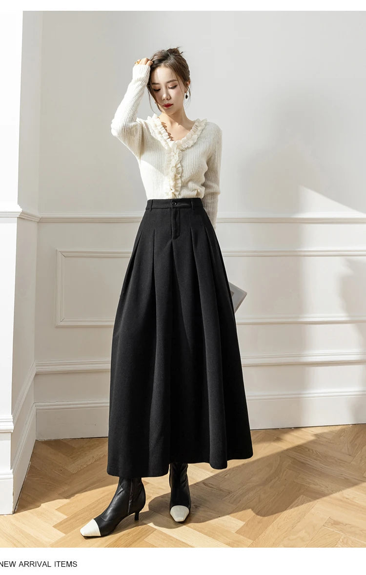 Faux Woolen Midi Skirt A-Line High Waist