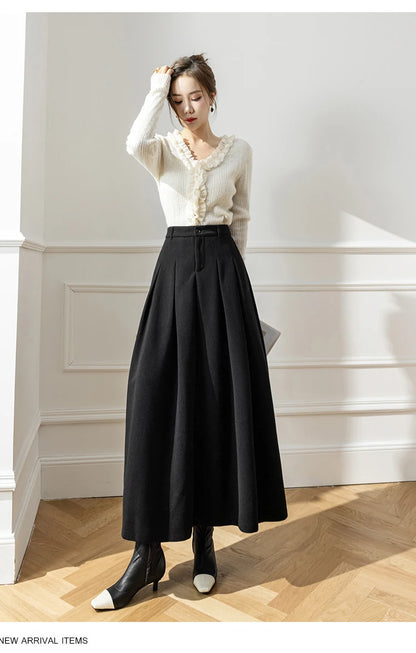 Faux Woolen Midi Skirt A-Line High Waist