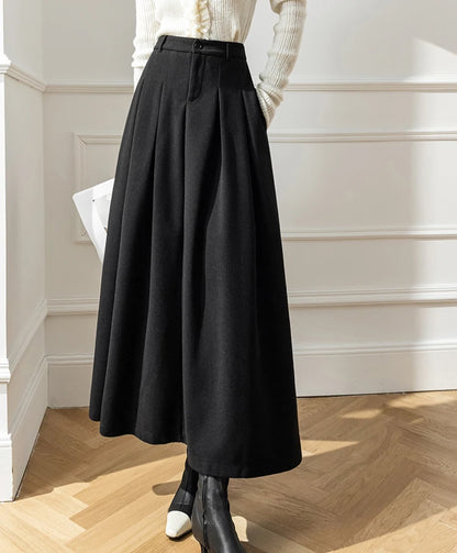 Faux Woolen Midi Skirt A-Line High Waist
