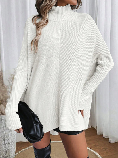 Woman Sweater Irregular Hem Turtleneck Pullover Top