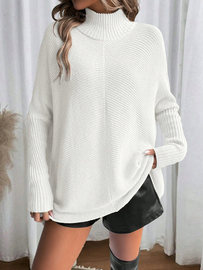 Woman Sweater Irregular Hem Turtleneck Pullover Top