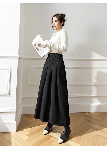 Faux Woolen Midi Skirt A-Line High Waist